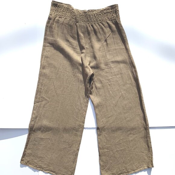 VTG Women’s Elastic Smocked Waist 100% Linen Wide Leg Pants, Taupe, Large - Picture 4 of 9